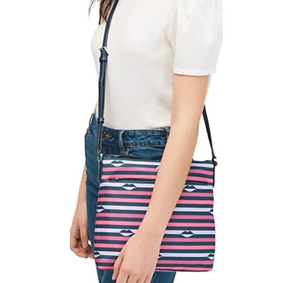NEW Kate Spade Jae Crossbody Nylon Leather Flat Pink Multi Striped Hand Bag NEW - Picture 1 of 9